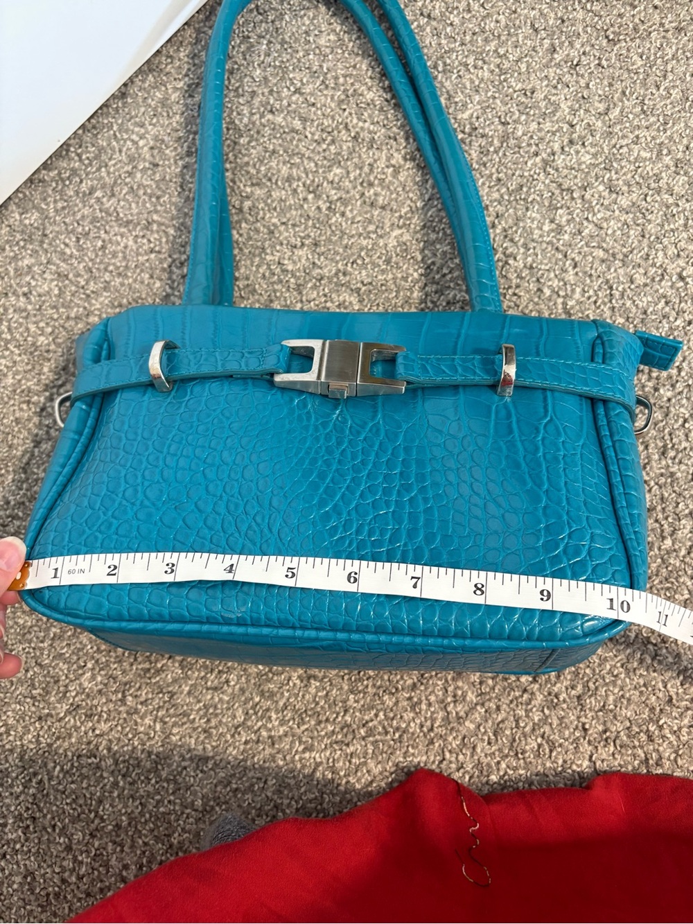 Y2K Joanel Teal Croc-Embossed Leather Shoulder Bag - Picture 12 of 15